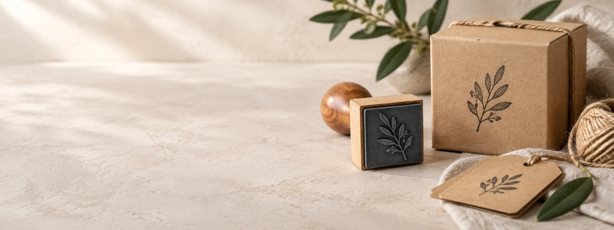 Custom wooden logo stamp beside branded kraft packaging